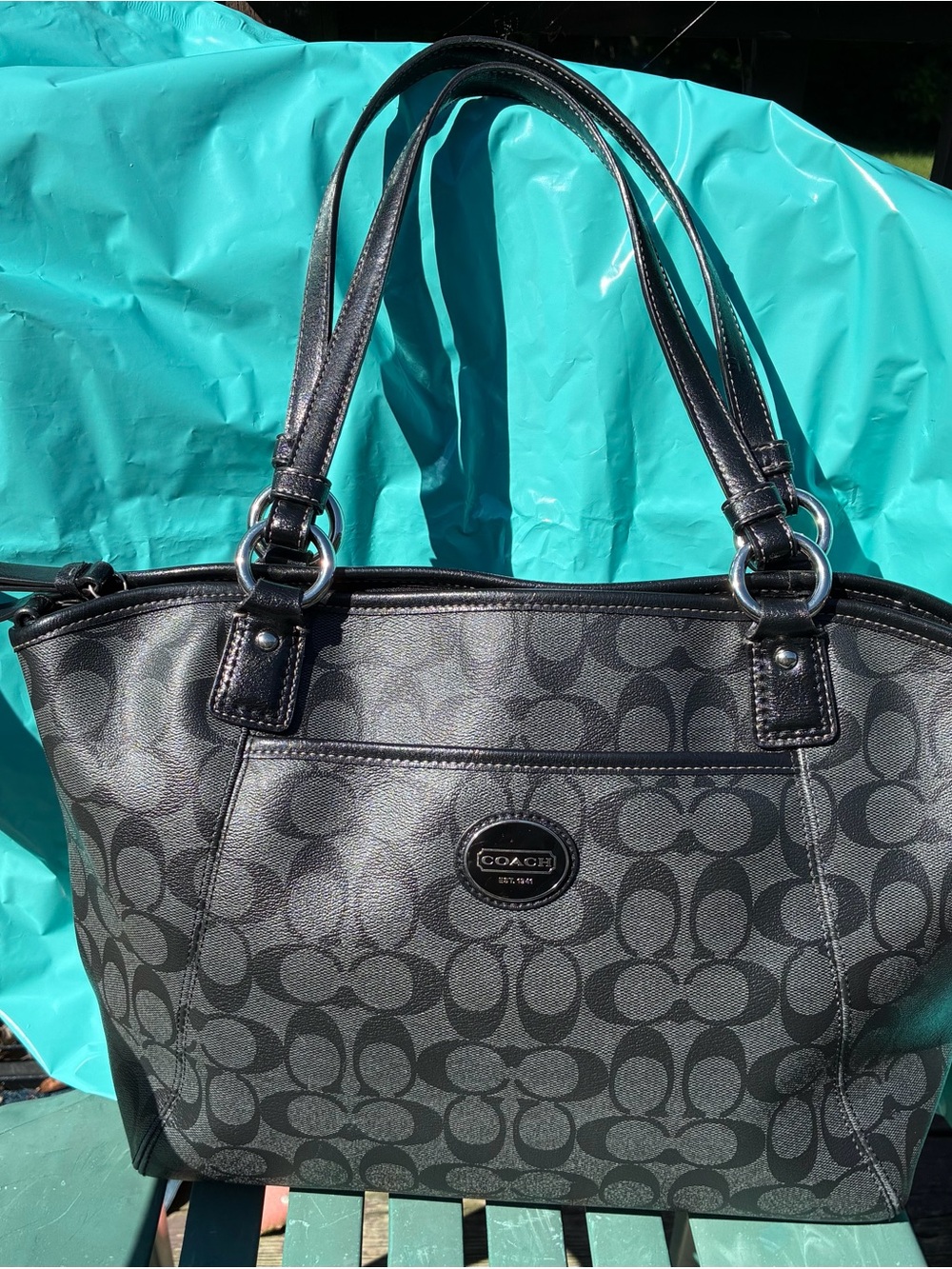 Coach Peyton Gray/Black Signature Tote with Leather Trim